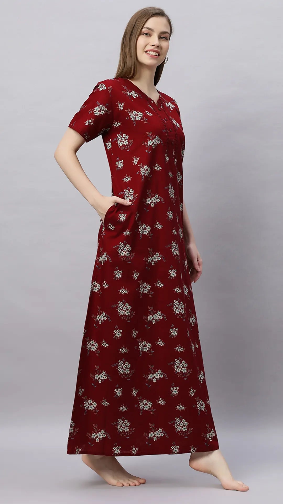 Sukanya Stylish Printed Maxi Gown for Women | Comfortable Half Sleeves Lounge Wear Dress in Cotton