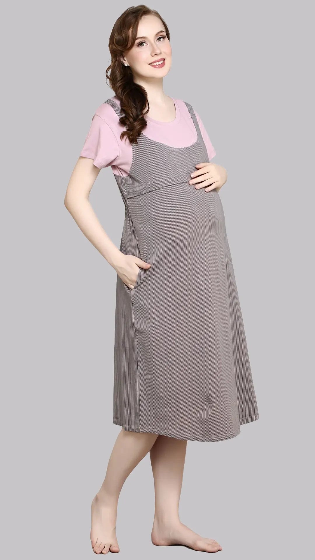 Sukanya Women's Cotton  Calf Length Maternity Nighty / M. Grey Printed Half Sleeves Round Neck