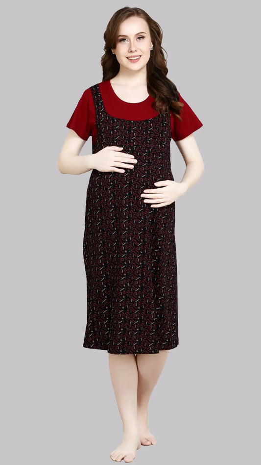 Sukanya Women's Cotton  Calf Length Maternity Nighty / Maroon Printed Half Sleeves Round Neck