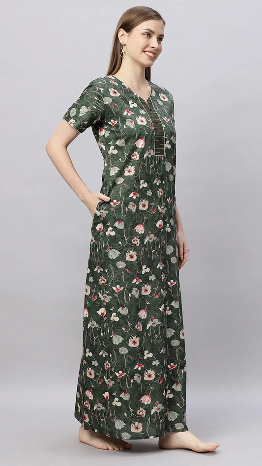 Sukanya Stylish Printed Maxi Gown for Women | Comfortable Half Sleeves Lounge Wear Dress in Cotton