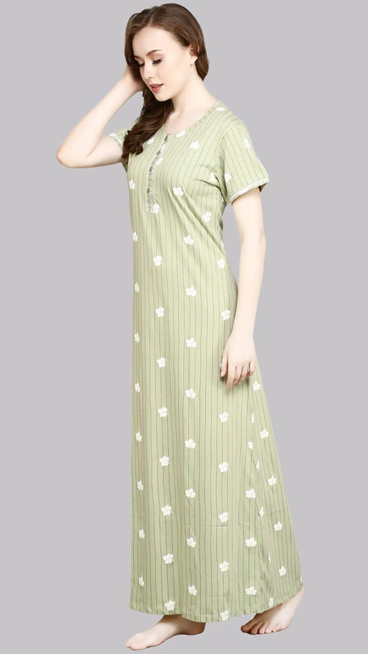 Sukanya  Women's Printed Sinker Nightsuit Set | Full Nighty Lounge Wear Nightdress Pyjama Set Sleepwear | Green  Printed Half Sleeves Round Neck