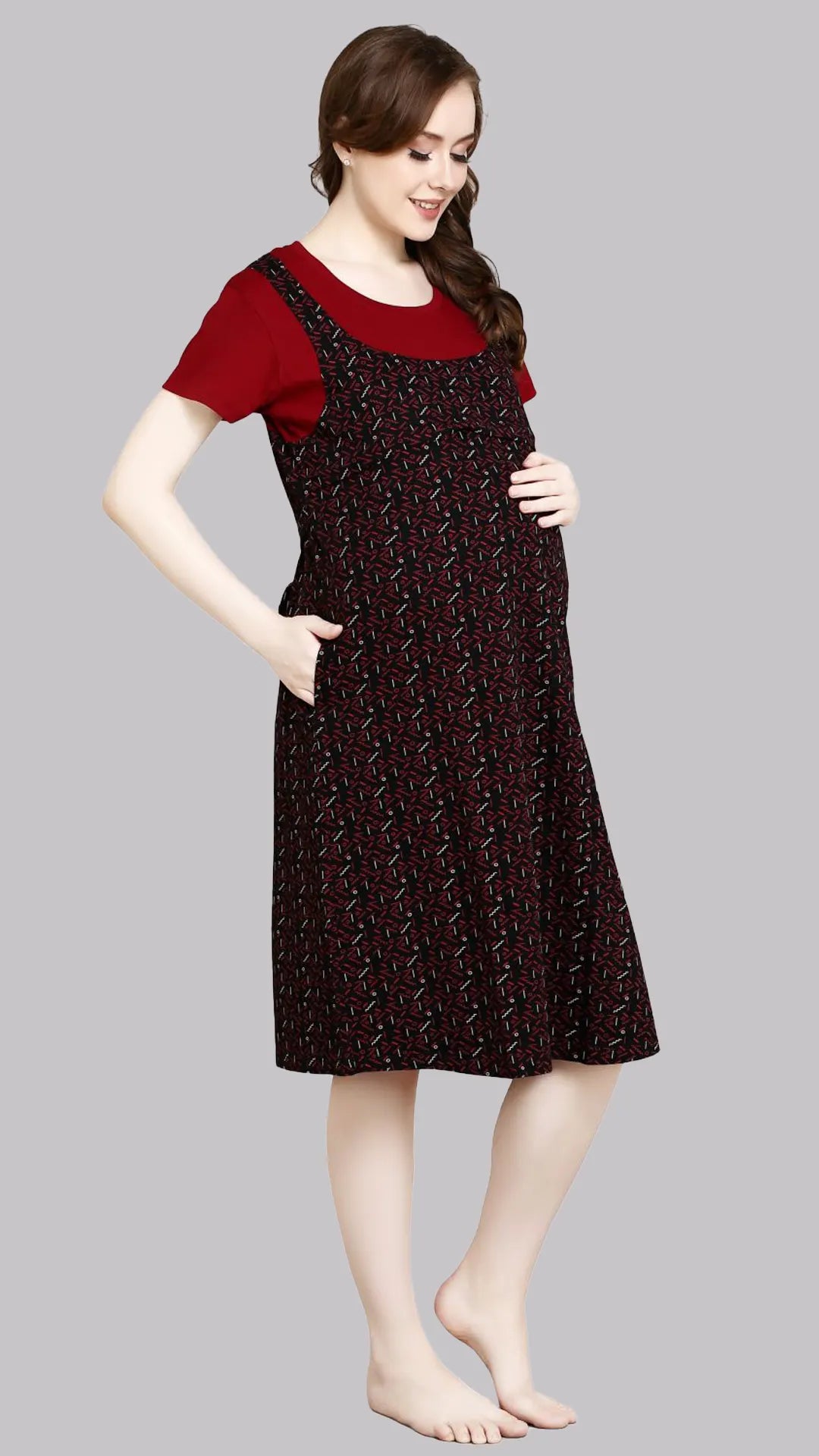 Sukanya Women's Cotton  Calf Length Maternity Nighty / Maroon Printed Half Sleeves Round Neck