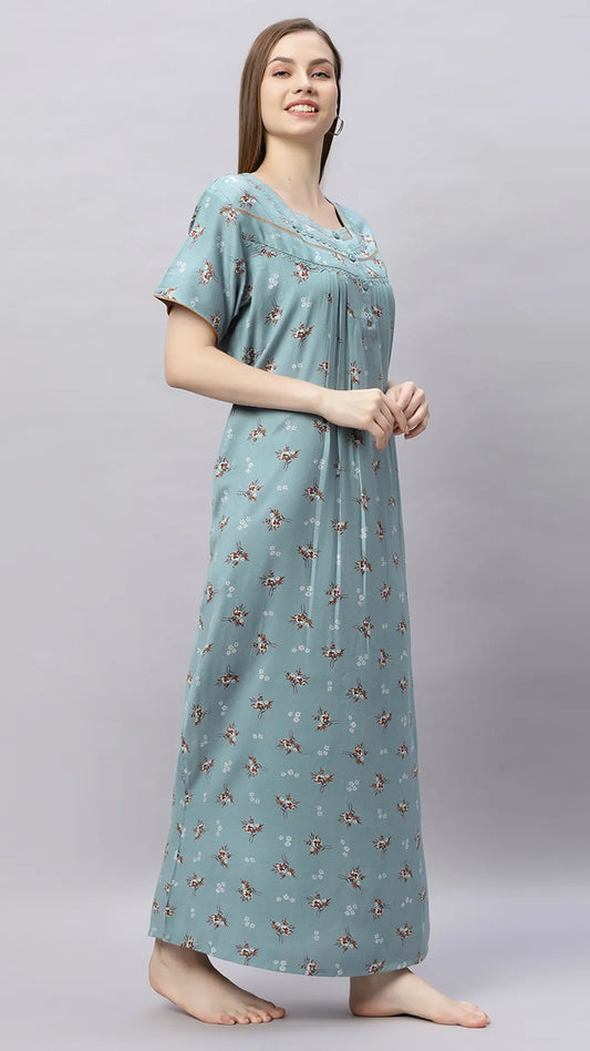 Sukanya Comfortable Women's Full Length Cotton Blend Half Sleeves Nighty, Soft and Elegant Print Sleepwear