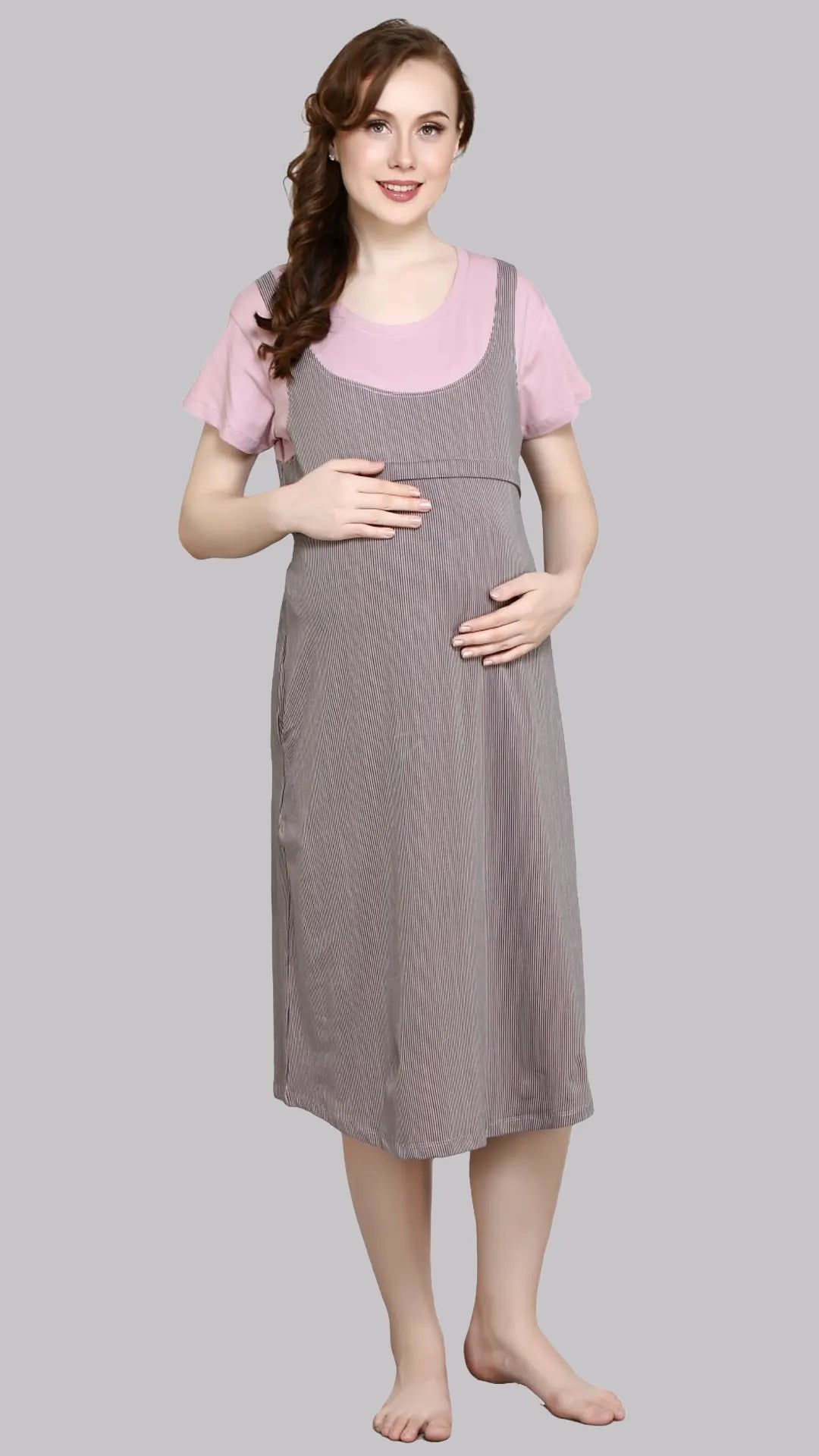 Sukanya Women's Cotton  Calf Length Maternity Nighty / M. Grey Printed Half Sleeves Round Neck