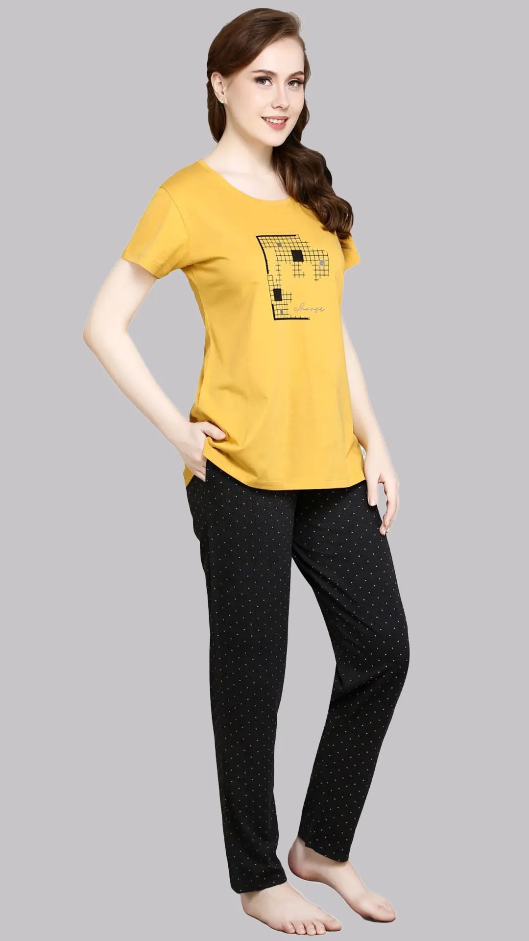 Sukanya  Women's Printed Sinker Nightsuit Set | Regular Fit Loungewear | Ideal for Women | Lounge Wear Nightdress Pyjama Set Sleepwear | Yellow Printed Half Sleeves Round Neck