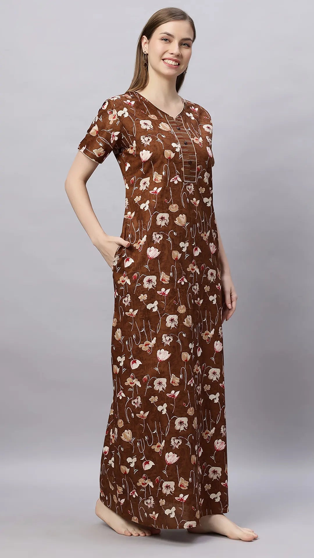 Sukanya Stylish Printed Maxi Gown for Women | Comfortable Half Sleeves Lounge Wear Dress in Cotton