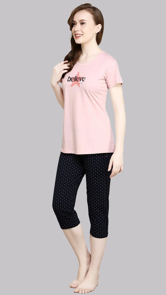 Sukanya  Women's Printed Sinker Capri Set | Regular Fit Loungewear | Ideal for Women | Lounge Wear Nightdress Capri Set Sleepwear | Pink Printed Half Sleeves Round Neck