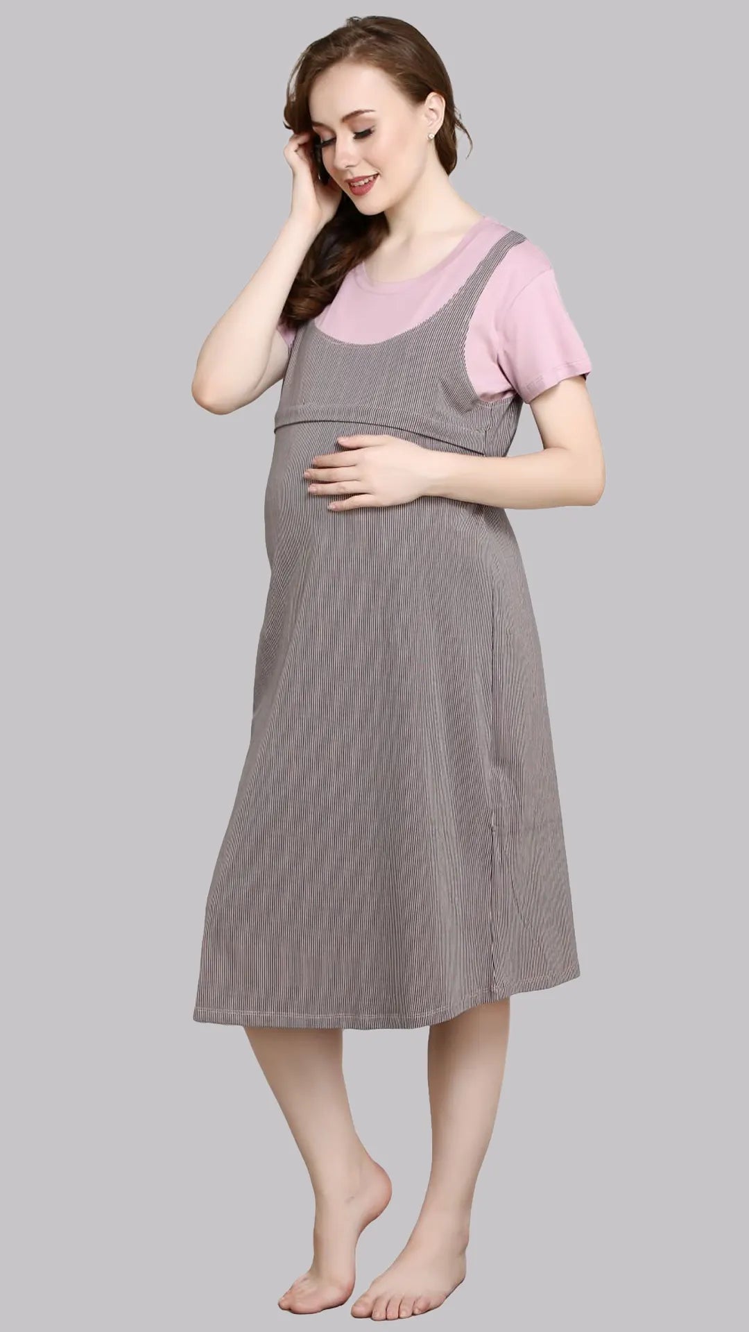 Sukanya Women's Cotton  Calf Length Maternity Nighty / M. Grey Printed Half Sleeves Round Neck