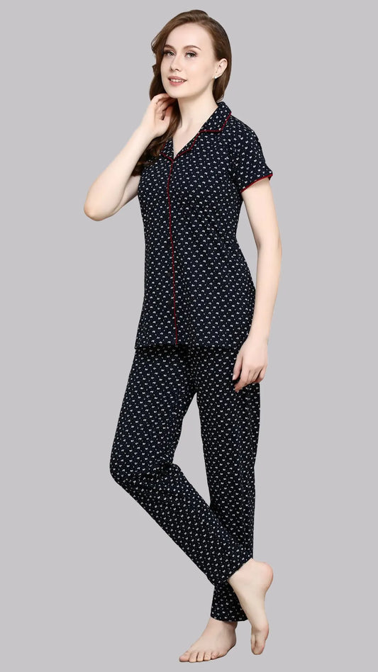 Sukanya  Women's Printed Sinker Nightsuit Set | Frount Open Lounge Wear Nightdress Pyjama Set Sleepwear | Navy  Printed Half Sleeves Round Neck