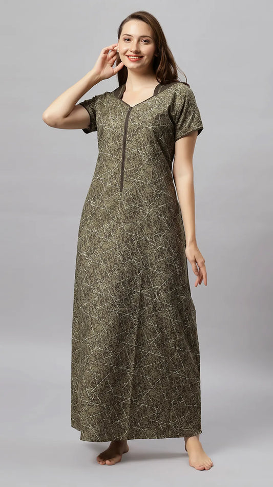 Sukanya Women's Printed Poly Cotton Lounge Wear Gown - Brown, Regular Fit, Ideal For: Women's, Occasion: Lounge Wear, Sleeve Type: Half Sleeves, Collar Type: V-neck