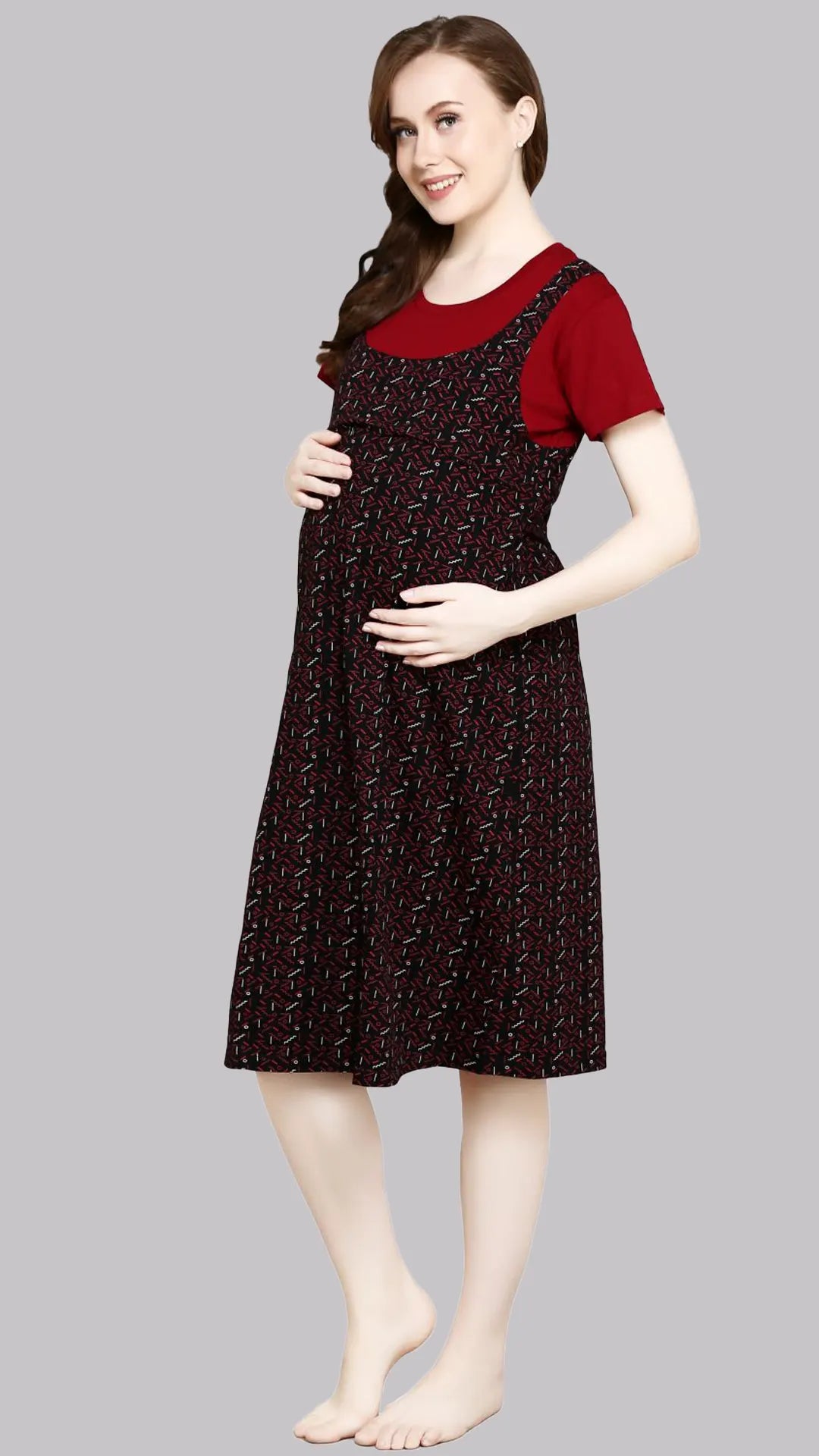 Sukanya Women's Cotton  Calf Length Maternity Nighty / Maroon Printed Half Sleeves Round Neck