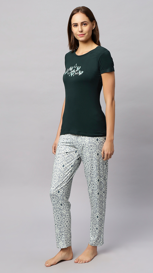 Sukanya Women's Printed Lounge Wear Top & Pyjama Set - Dark Green, Regular Fit, Sinker Fabric, Half Sleeve, Round Neck