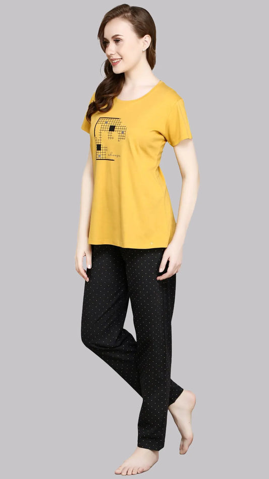 Sukanya  Women's Printed Sinker Nightsuit Set | Regular Fit Loungewear | Ideal for Women | Lounge Wear Nightdress Pyjama Set Sleepwear | Yellow Printed Half Sleeves Round Neck