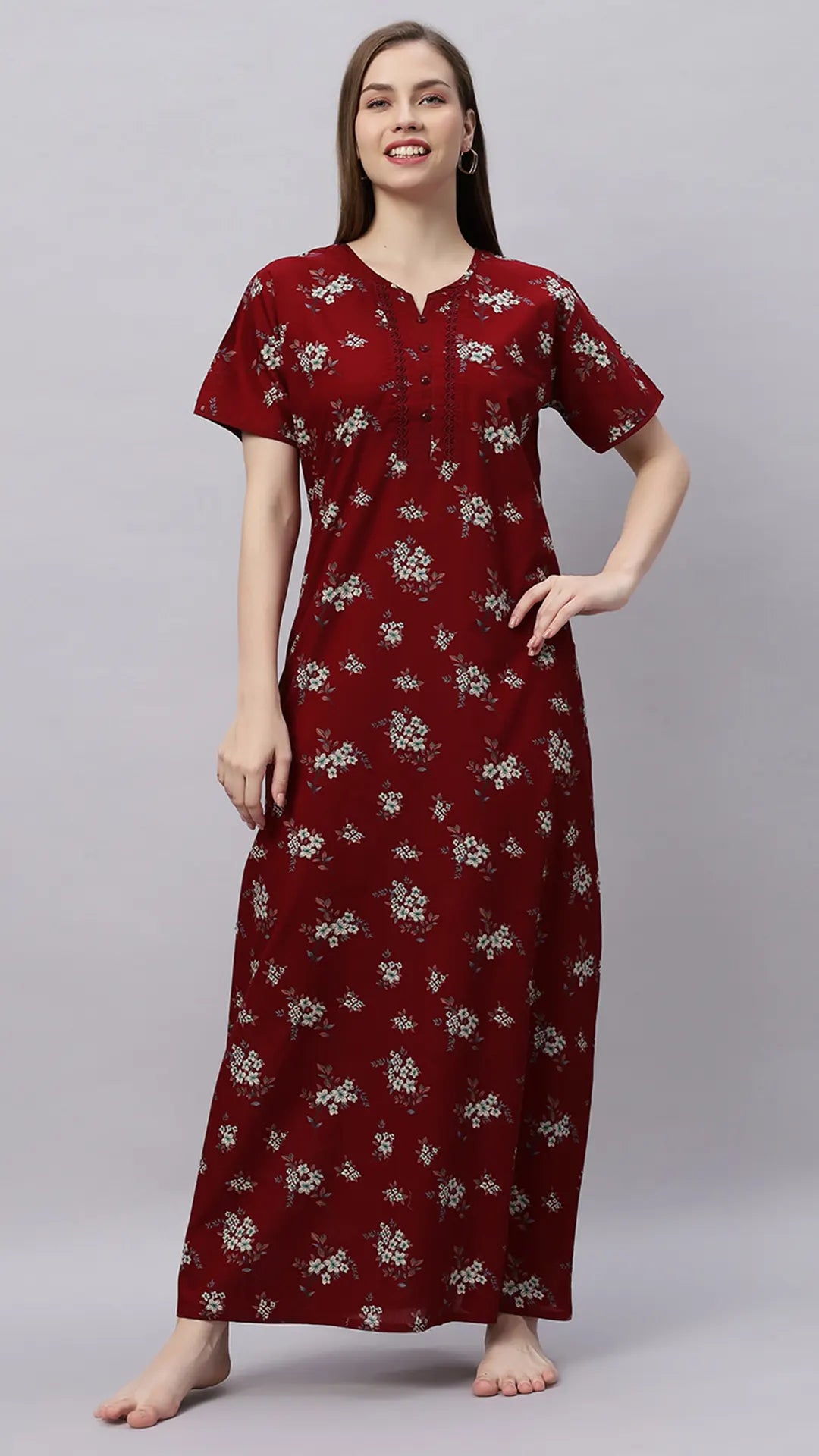 Sukanya Stylish Printed Maxi Gown for Women | Comfortable Half Sleeves Lounge Wear Dress in Cotton