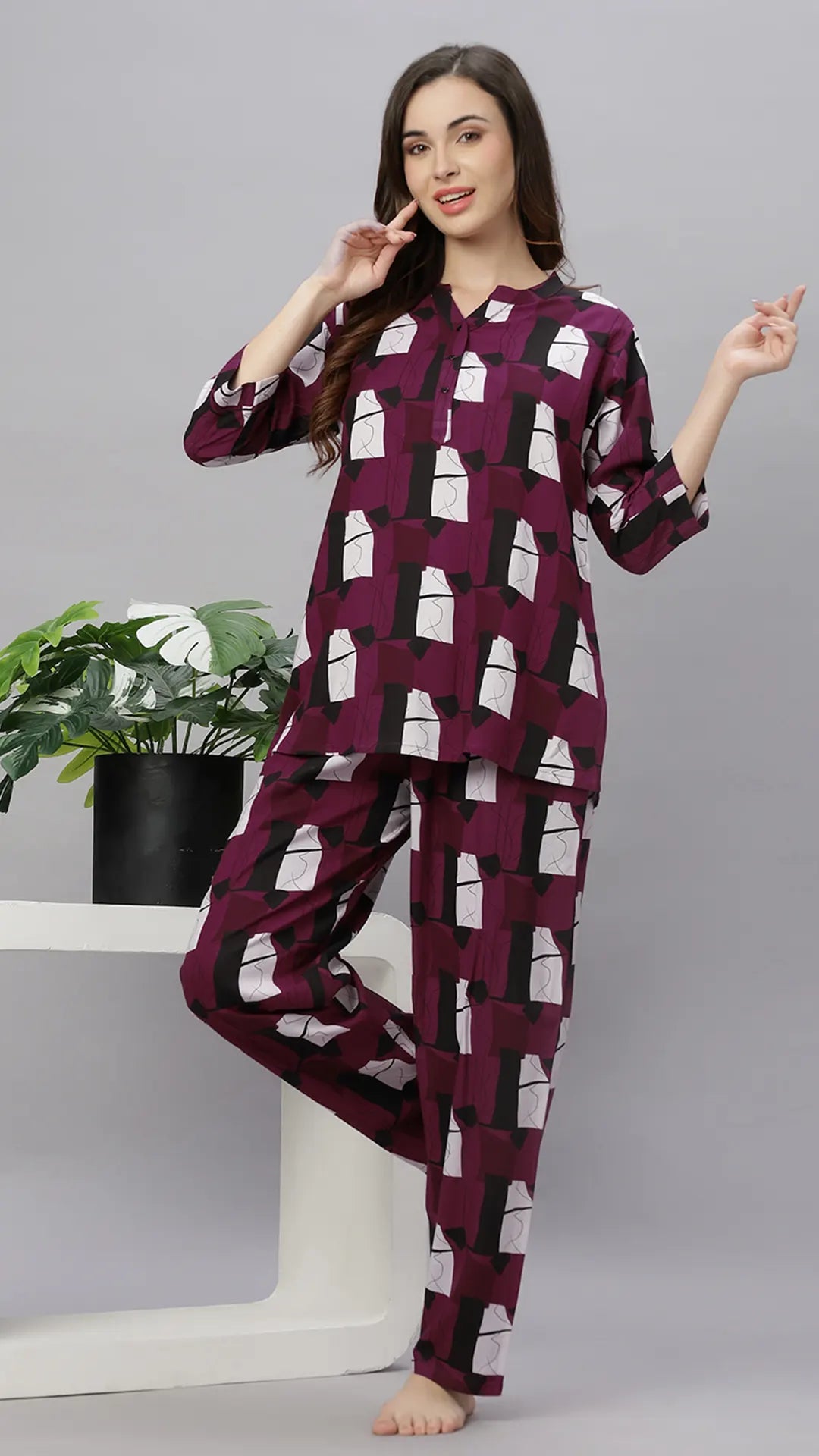 Sukanya Comfortable Women's Cotton Blend Half Sleeves Night Suit, Gray & Dark - Pink, Soft and Elegant Print Sleepwear