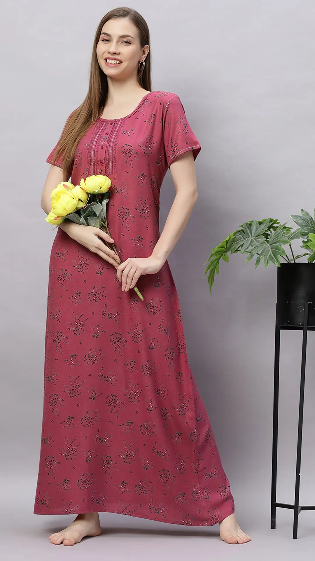 Sukanya Women's Floral Lounge Wear Gown, Regular Fit, Women's Ideal, Lounge Wear, Half Sleeves, Floral Pattern, Round Neck