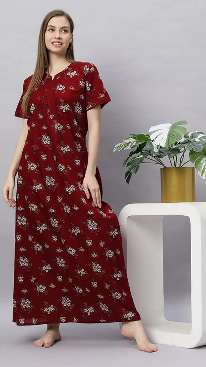 Sukanya Stylish Printed Maxi Gown for Women | Comfortable Half Sleeves Lounge Wear Dress in Cotton