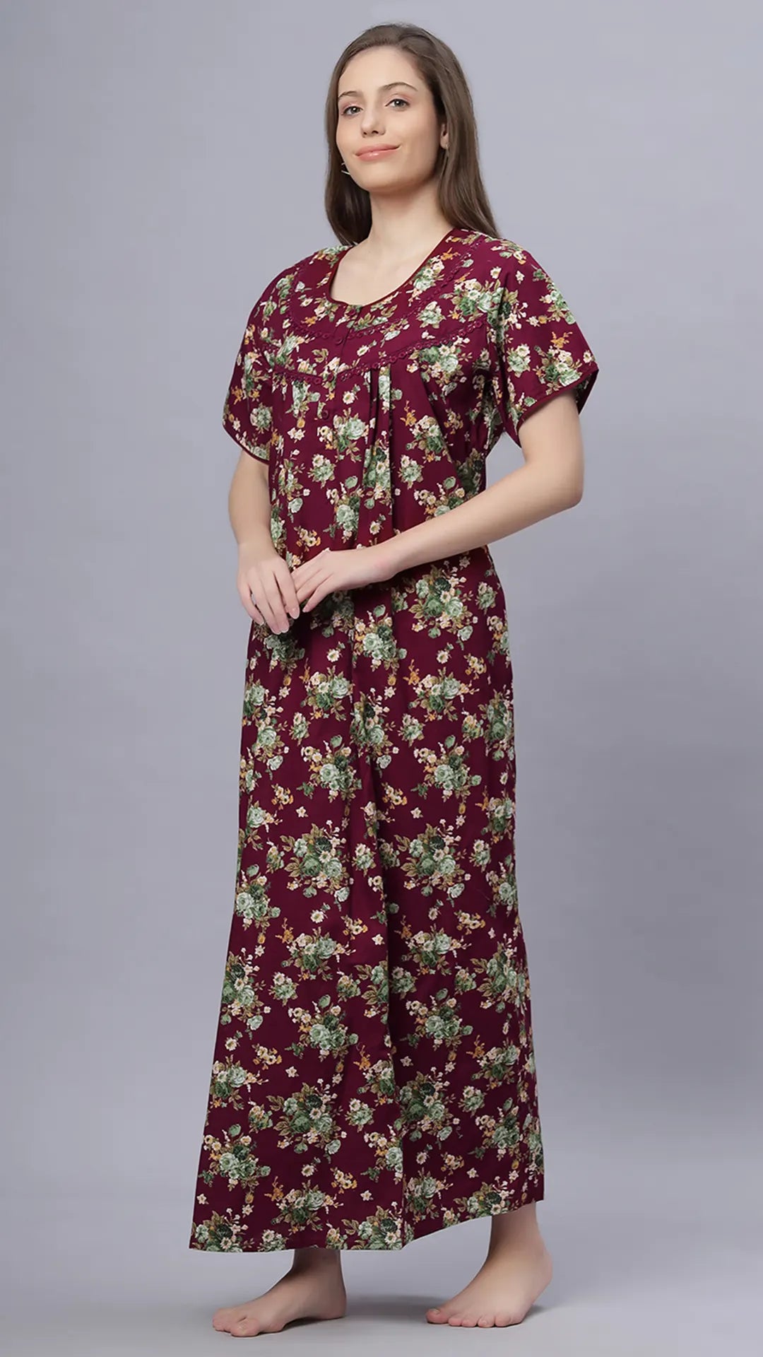 Sukanya Comfortable Women's Full Length Cotton Blend Half Sleeves Nighty, Red, Black, Magenta & Maroon, Soft and Elegant Print Sleepwear