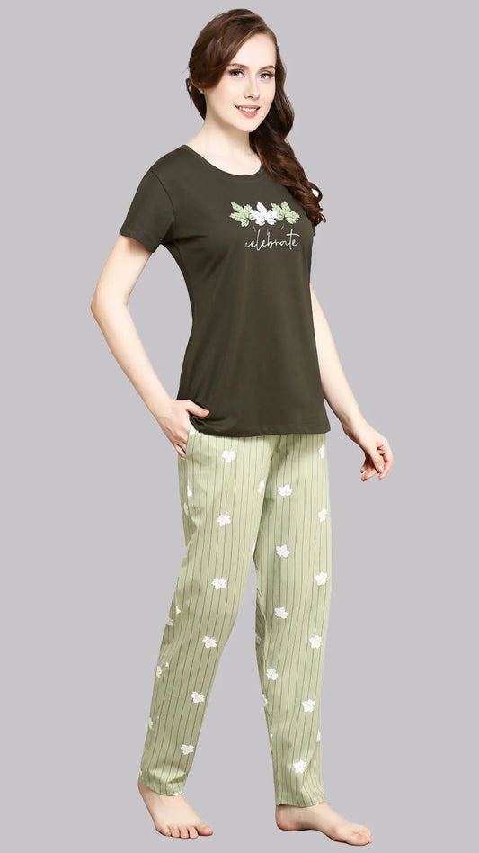 Sukanya  Women's Printed Sinker Nightsuit Set | Regular Fit Loungewear | Ideal for Women | Lounge Wear Nightdress Pyjama Set Sleepwear | Green  Printed Half Sleeves Round Neck