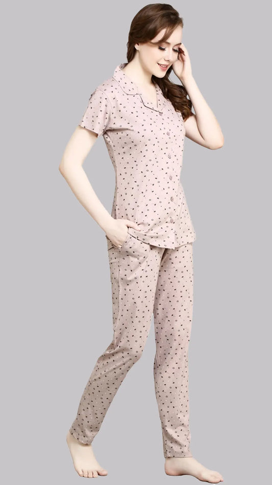 Sukanya  Women's Printed Sinker Nightsuit Set | Frount Open Lounge Wear Nightdress Pyjama Set Sleepwear | Fone Printed Half Sleeves Round Neck