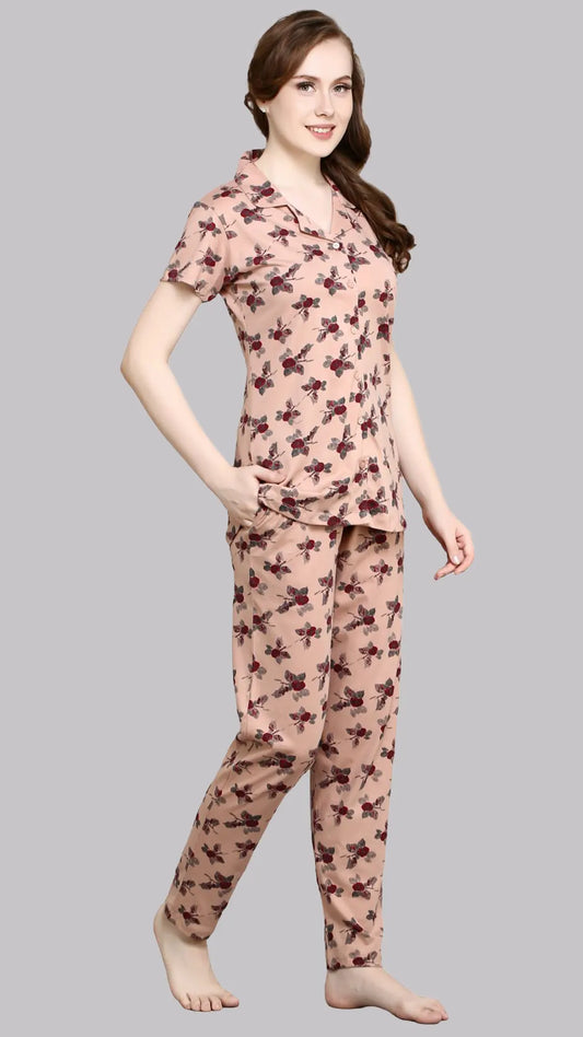 Sukanya  Women's Printed Sinker Nightsuit Set | Frount Open Lounge Wear Nightdress Pyjama Set Sleepwear | Rust  Printed Half Sleeves Round Neck