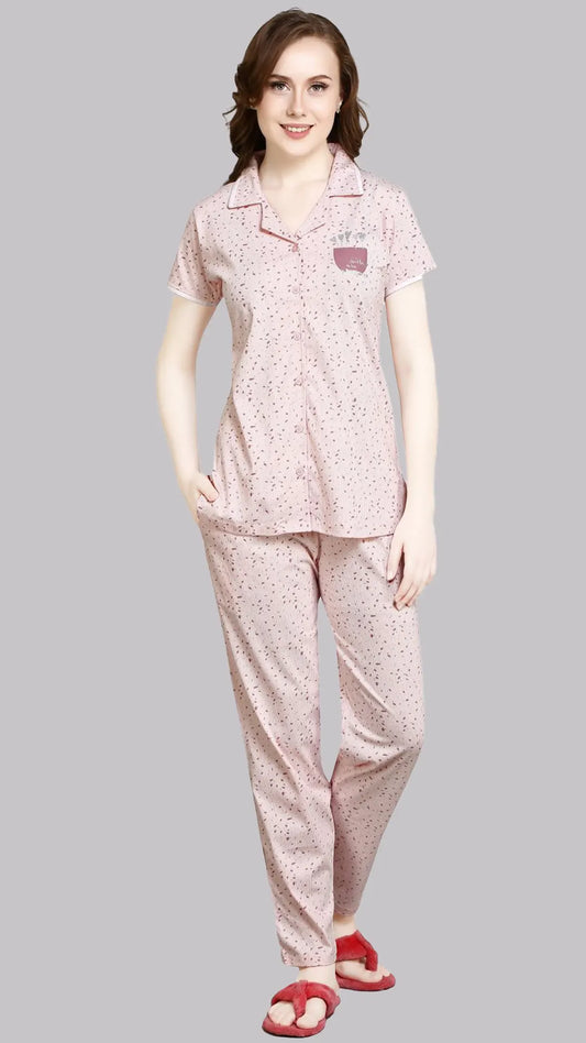 Sukanya  Women's Printed Sinker Nightsuit Set | Frount Open Lounge Wear Nightdress Pyjama Set Sleepwear | Pink Printed Half Sleeves Round Neck