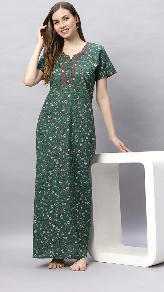 Sukanya Stylish Printed Maxi Gown for Women | Comfortable Half Sleeves Lounge Wear Dress in Cotton