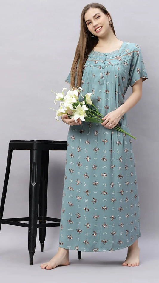 Sukanya Comfortable Women's Full Length Cotton Blend Half Sleeves Nighty, Soft and Elegant Print Sleepwear