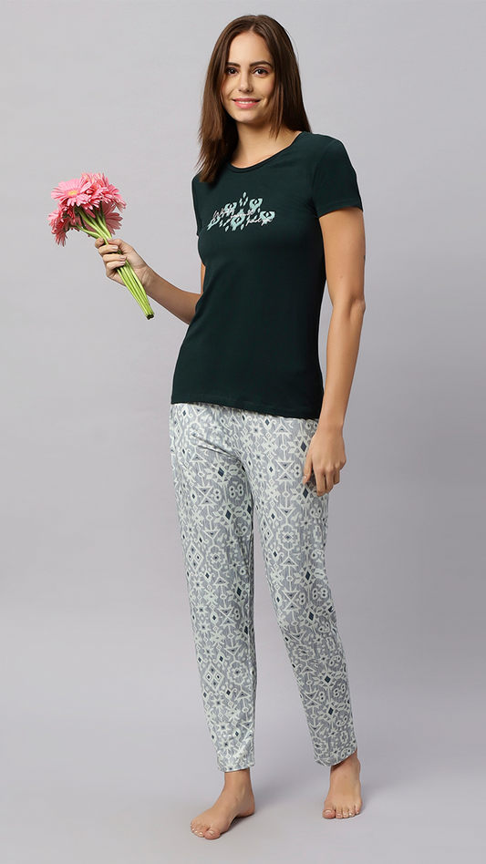 Sukanya Women's Printed Lounge Wear Top & Pyjama Set - Dark Green, Regular Fit, Sinker Fabric, Half Sleeve, Round Neck