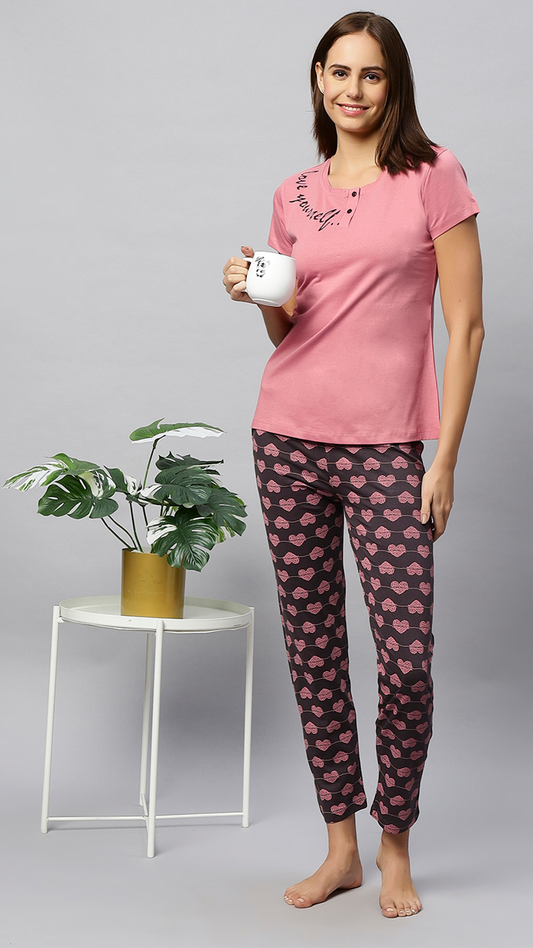 Sukanya Women's Printed Lounge Wear Top & Pyjama Set - Light Pink, Regular Fit, Ideal for Women's, Lounge Wear, Sinker Fabric, Half Sleeve, Round Neck