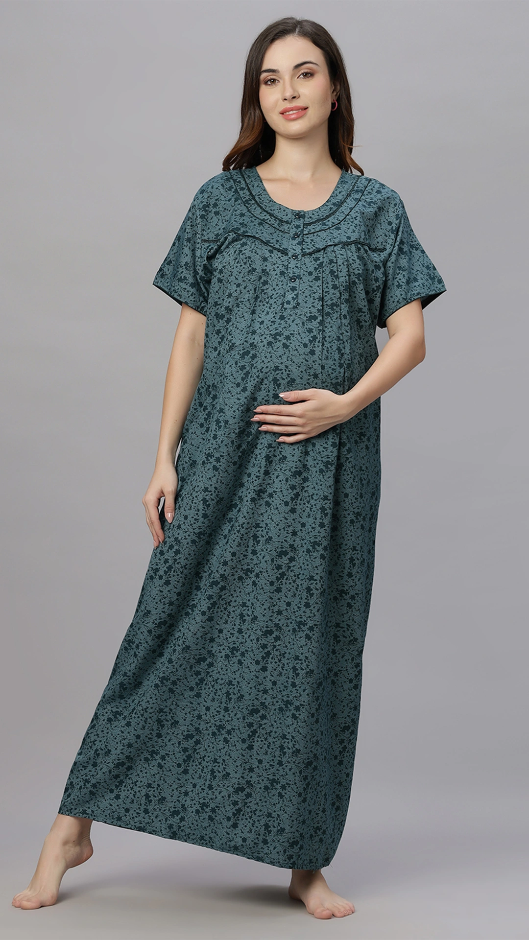 Sukanya Comfortable Women's Full Length Cotton Blend Half Sleeves Nighty, Green, Maroon & Coffee, Soft and Elegant Print Sleepwear