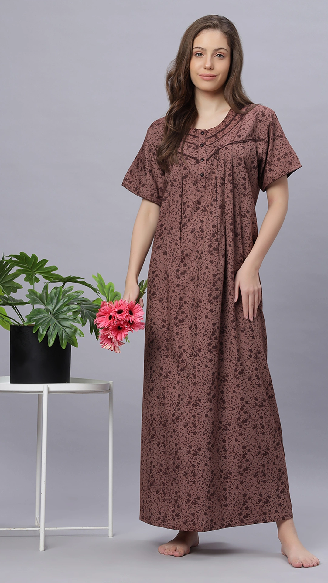 Sukanya Comfortable Women's Full Length Cotton Blend Half Sleeves Nighty, Green, Maroon & Coffee, Soft and Elegant Print Sleepwear