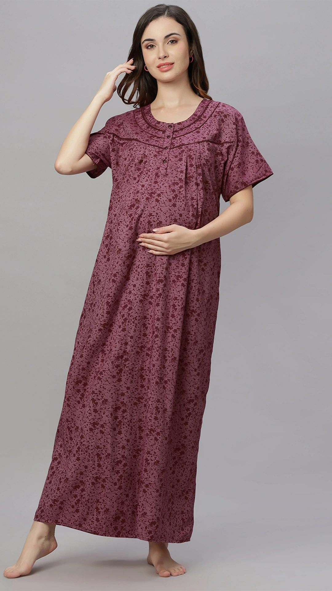 Sukanya Comfortable Women's Full Length Cotton Blend Half Sleeves Nighty, Green, Maroon & Coffee, Soft and Elegant Print Sleepwear