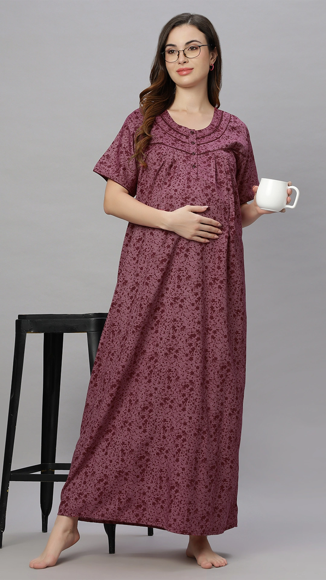 Sukanya Comfortable Women's Full Length Cotton Blend Half Sleeves Nighty, Green, Maroon & Coffee, Soft and Elegant Print Sleepwear