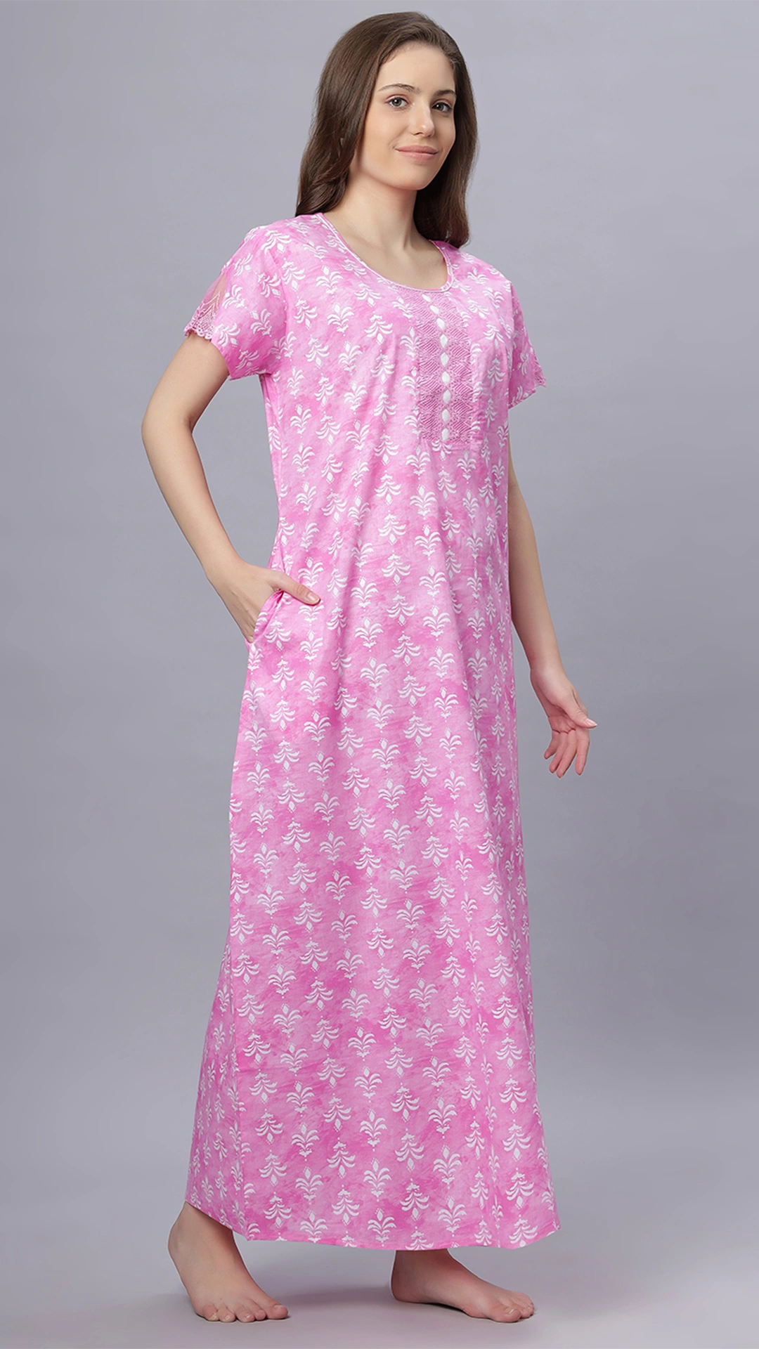 Sukanya Comfortable Women's Full Length Cotton Blend Half Sleeves Nighty, Green, Pink, Gajari & Blue, Soft and Elegant Print Sleepwear