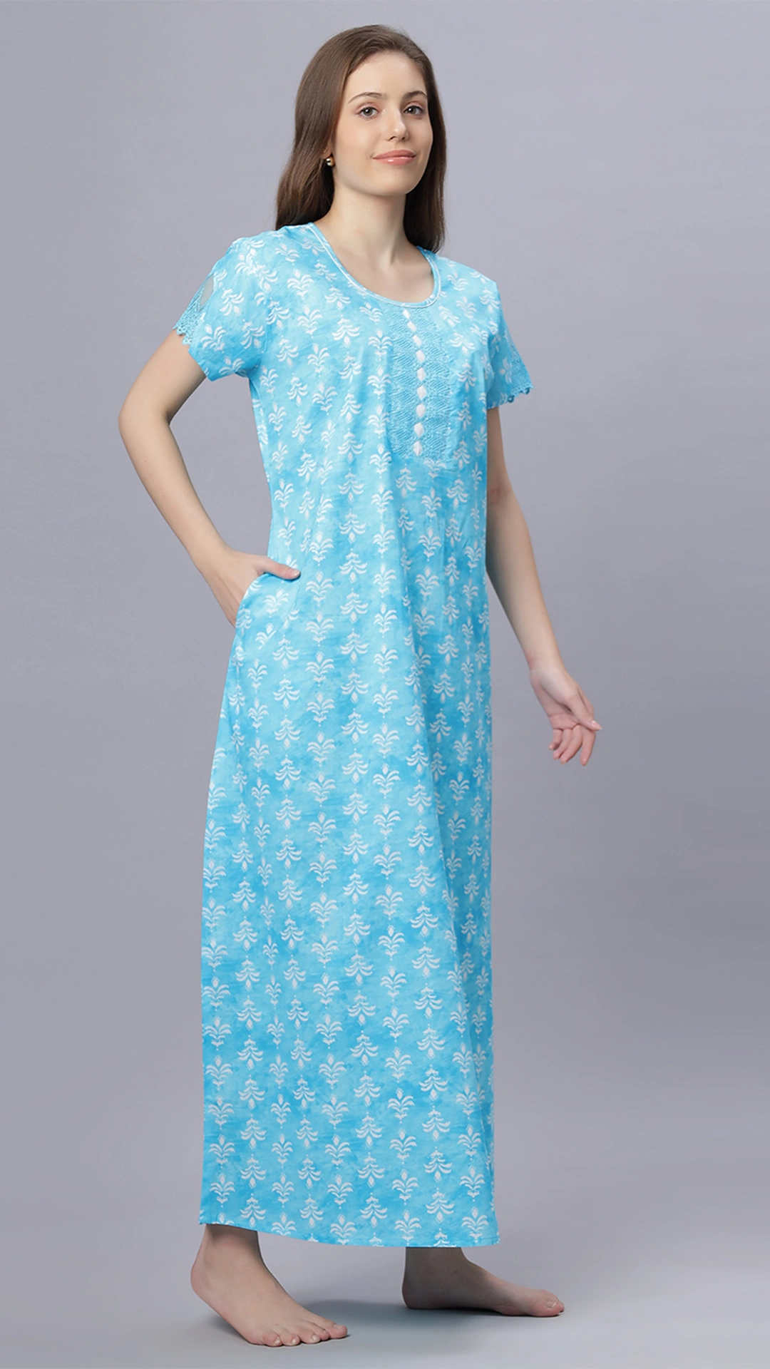 Sukanya Comfortable Women's Full Length Cotton Blend Half Sleeves Nighty, Green, Pink, Gajari & Blue, Soft and Elegant Print Sleepwear