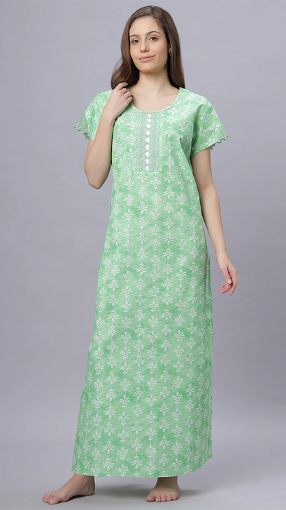 Sukanya Comfortable Women's Full Length Cotton Blend Half Sleeves Nighty, Green, Pink, Gajari & Blue, Soft and Elegant Print Sleepwear