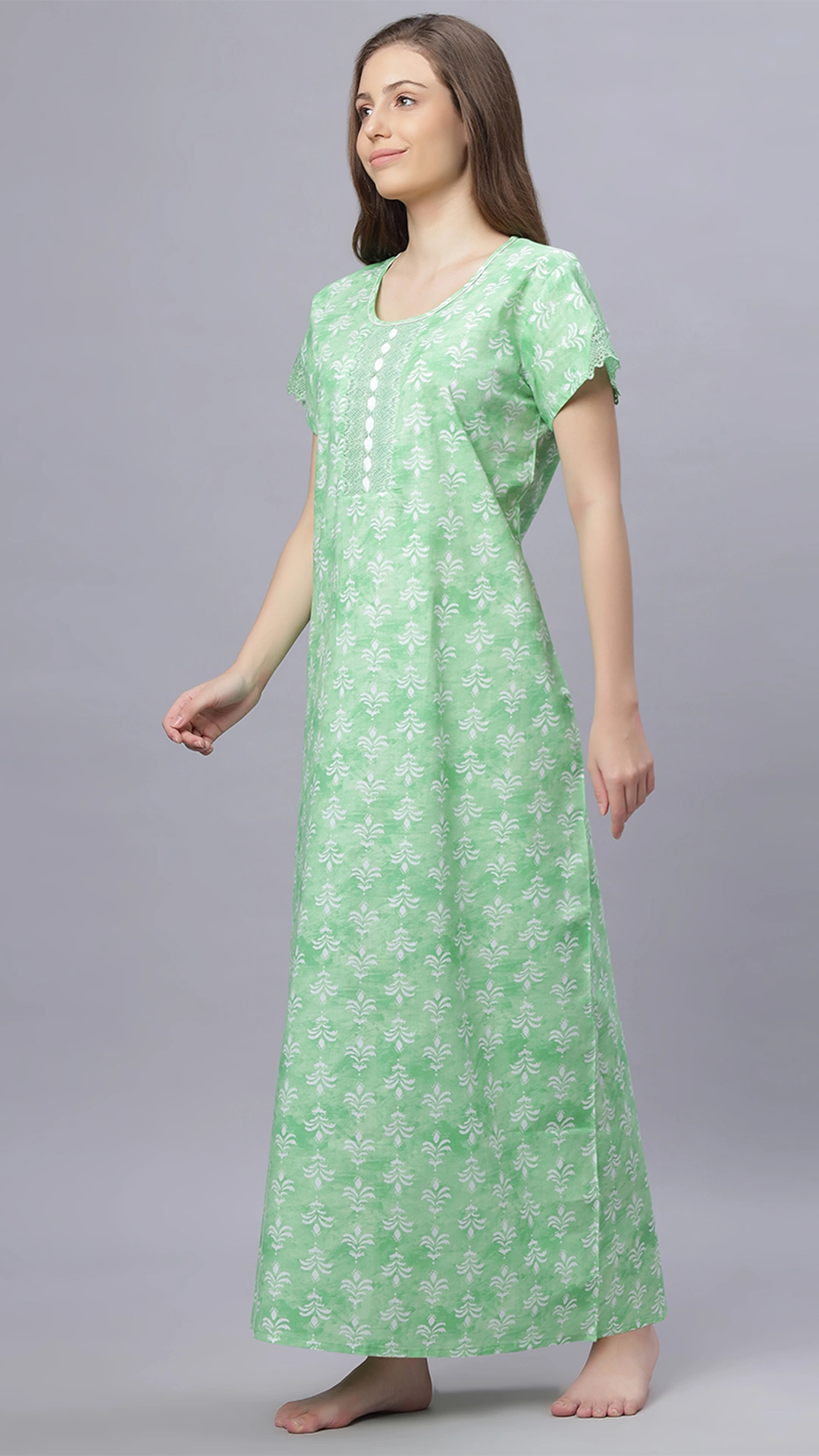 Sukanya Comfortable Women's Full Length Cotton Blend Half Sleeves Nighty, Green, Pink, Gajari & Blue, Soft and Elegant Print Sleepwear