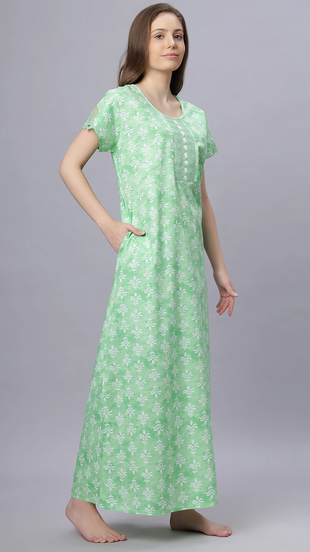 Sukanya Comfortable Women's Full Length Cotton Blend Half Sleeves Nighty, Green, Pink, Gajari & Blue, Soft and Elegant Print Sleepwear