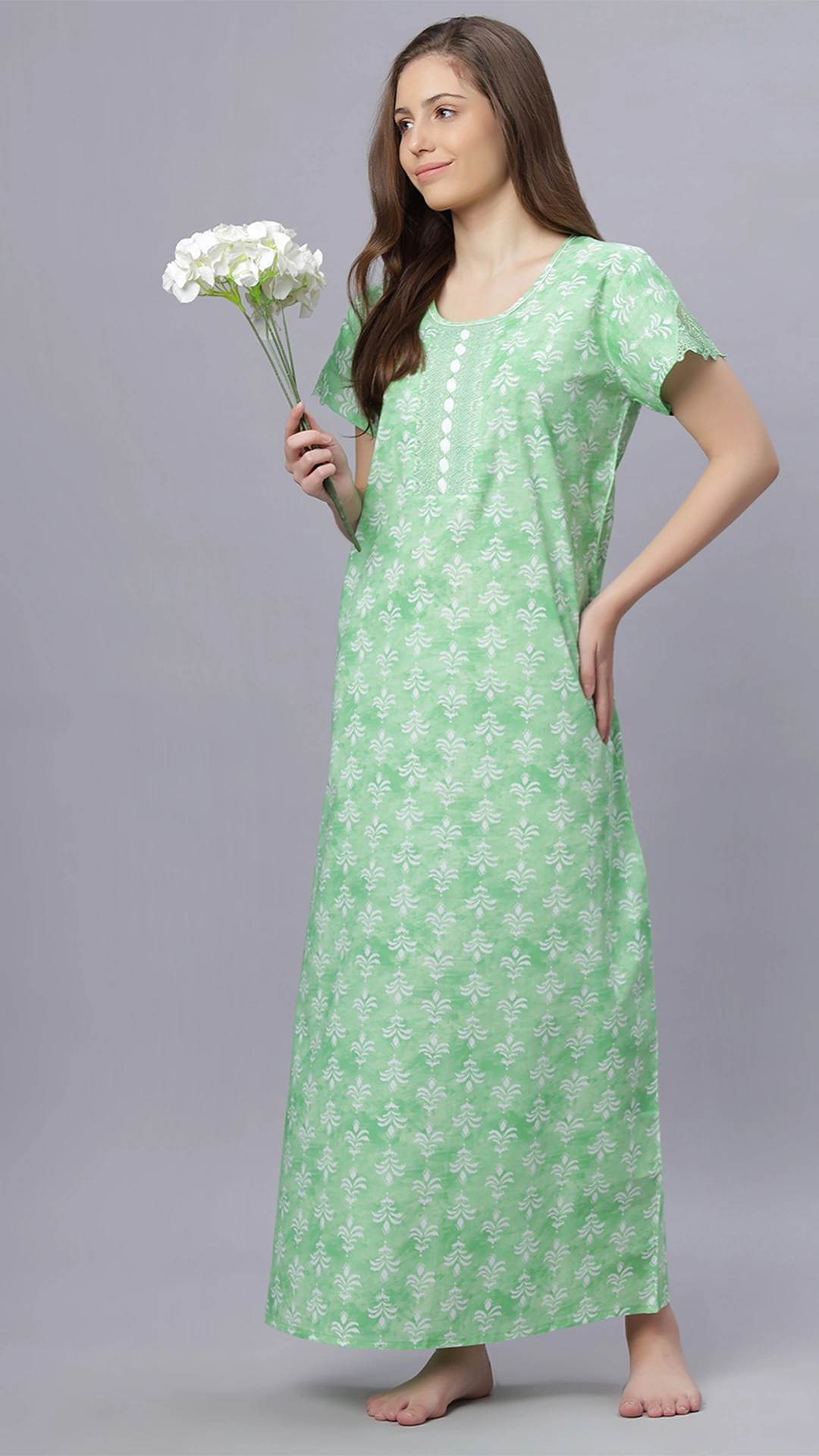 Sukanya Comfortable Women's Full Length Cotton Blend Half Sleeves Nighty, Green, Pink, Gajari & Blue, Soft and Elegant Print Sleepwear