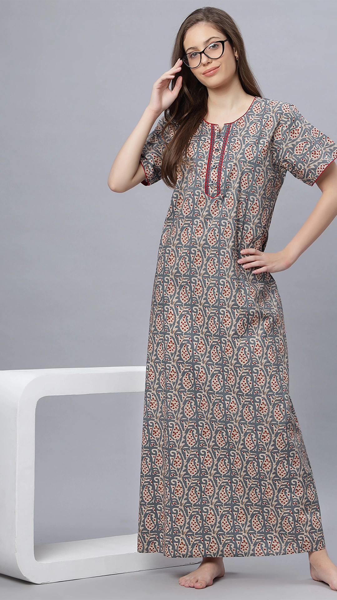 Sukanya Comfortable Women's Full Length Cotton Blend Half Sleeves Nighty, Coffee &  Gray Soft and Elegant Print Sleepwear