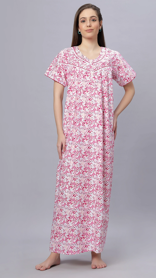 Sukanya Comfortable Women's Full Length Cotton Blend Half Sleeves Nighty, Rani & Red, Soft and Elegant Print Sleepwear