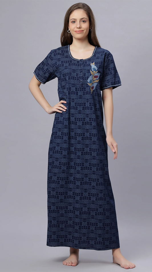 Sukanya Comfortable Women's Full Length Cotton Blend Half Sleeves Nighty, Blue, Soft and Elegant Print Sleepwear