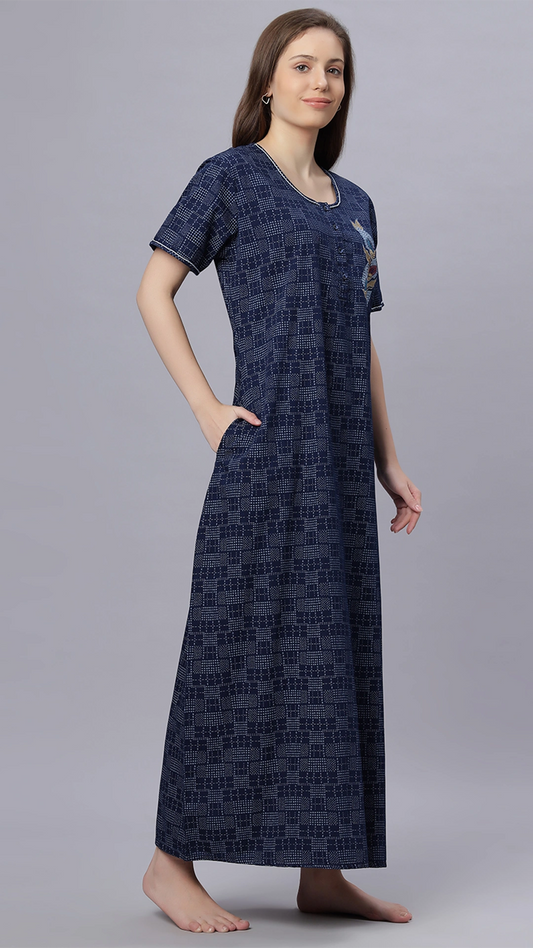 Sukanya Comfortable Women's Full Length Cotton Blend Half Sleeves Nighty, Blue, Soft and Elegant Print Sleepwear