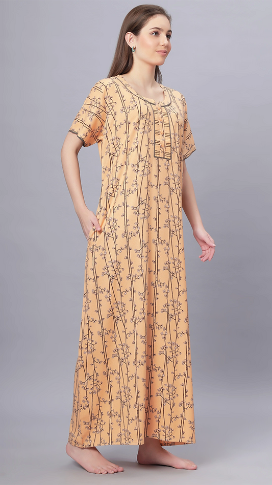 Sukanya Comfortable Women's Full Length Cotton Blend Half Sleeves Nighty, Gold, Mehendi & Orange, Soft and Elegant Print Sleepwear