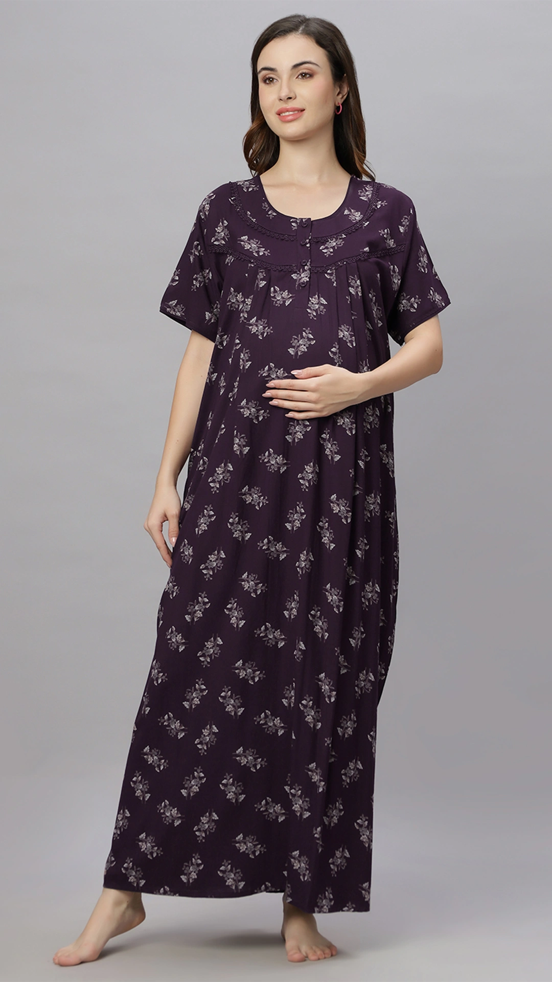 Sukanya Comfortable Women's Full Length Cotton Blend Half Sleeves Nighty, Wine, Green & Blue Soft and Elegant Print Sleepwear