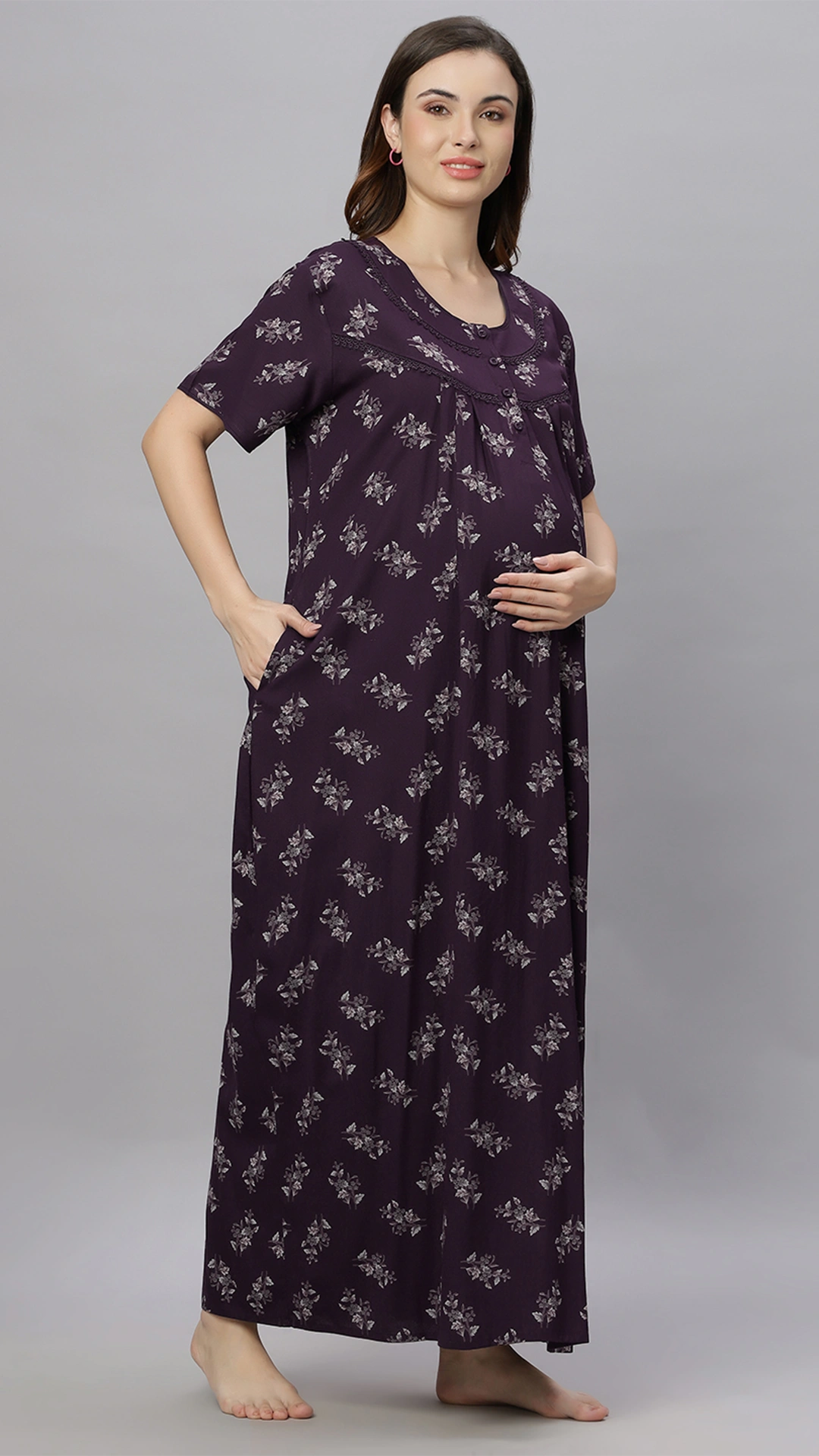 Sukanya Comfortable Women's Full Length Cotton Blend Half Sleeves Nighty, Wine, Green & Blue Soft and Elegant Print Sleepwear