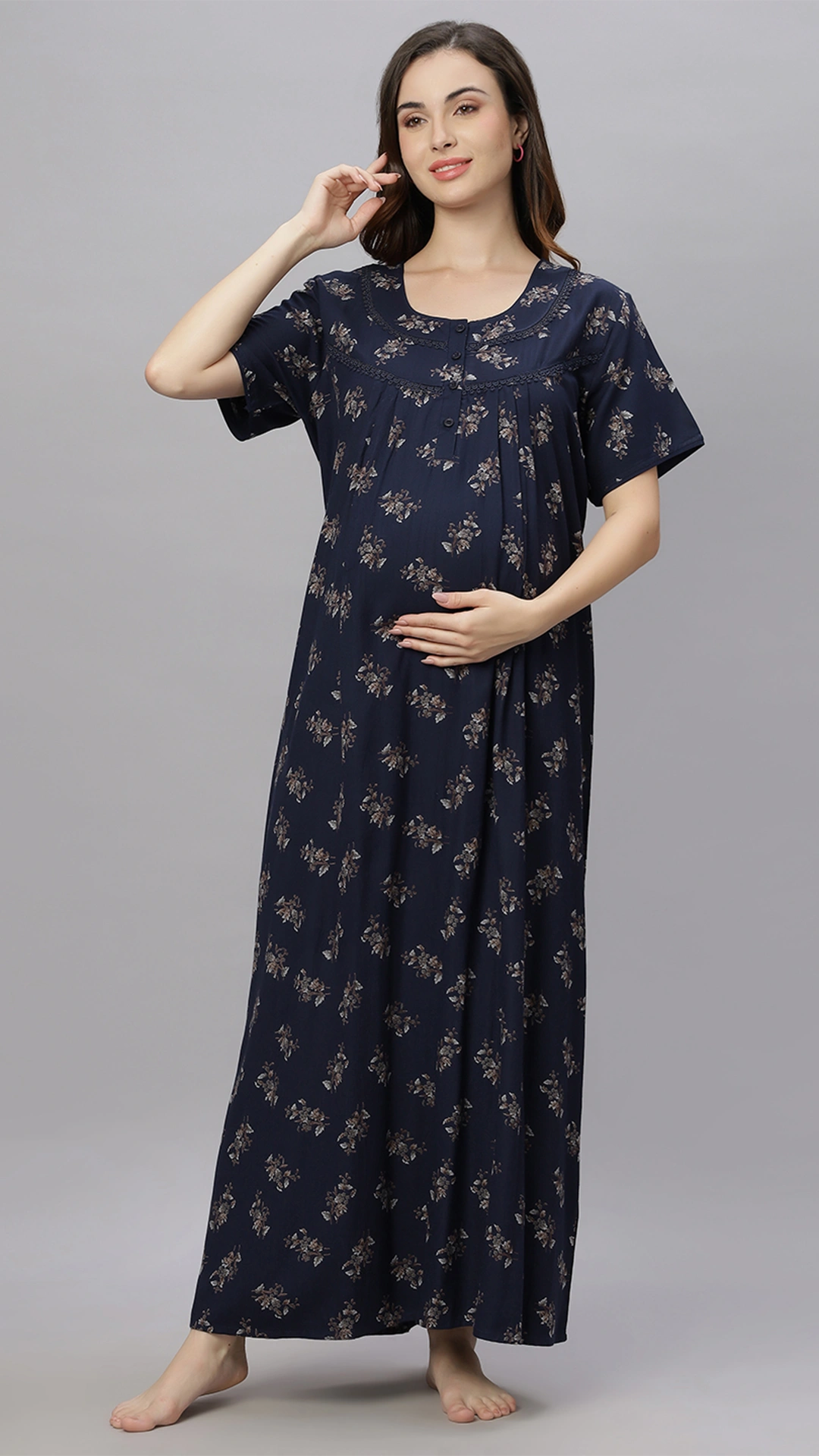 Sukanya Comfortable Women's Full Length Cotton Blend Half Sleeves Nighty, Wine, Green & Blue Soft and Elegant Print Sleepwear