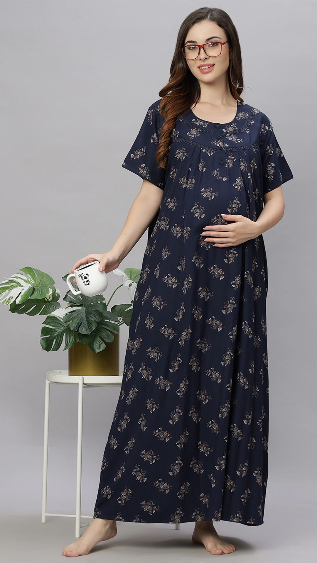 Sukanya Comfortable Women's Full Length Cotton Blend Half Sleeves Nighty, Wine, Green & Blue Soft and Elegant Print Sleepwear