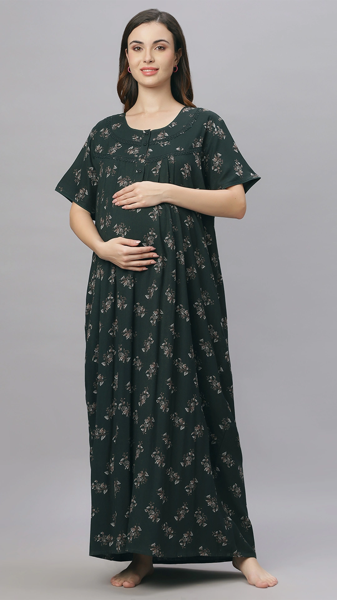 Sukanya Comfortable Women's Full Length Cotton Blend Half Sleeves Nighty, Wine, Green & Blue Soft and Elegant Print Sleepwear